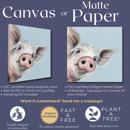 Cute Piglet Art Print Canvas / Unframed. Beautiful Blue Wall Decor, Colorful Farm Animal Pig Wall Art Painting Farmer Gift Nursery Picture - CanvasityCrafts - Free Shipping