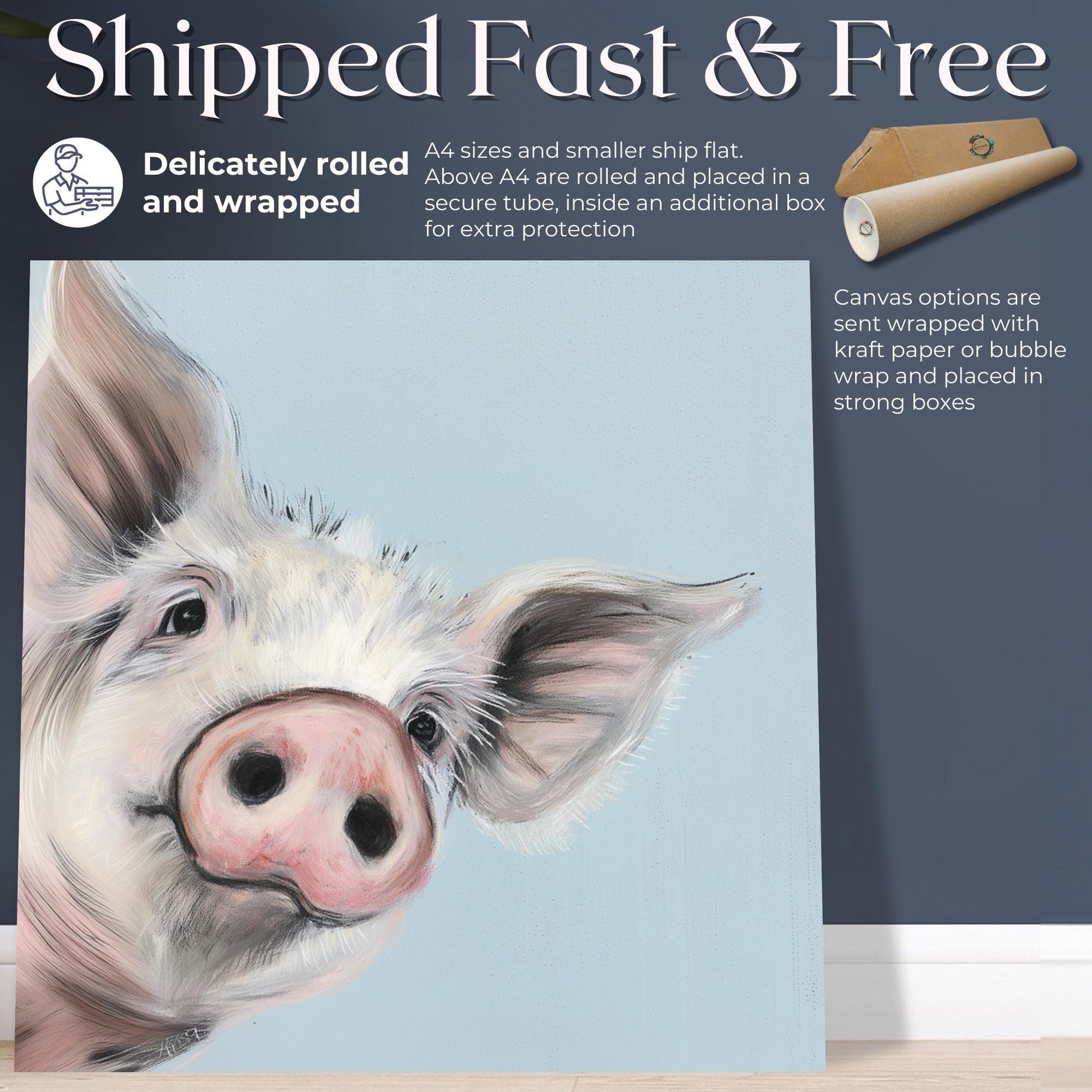 Cute Piglet Art Print Canvas / Unframed. Beautiful Blue Wall Decor, Colorful Farm Animal Pig Wall Art Painting Farmer Gift Nursery Picture - CanvasityCrafts - Free Shipping