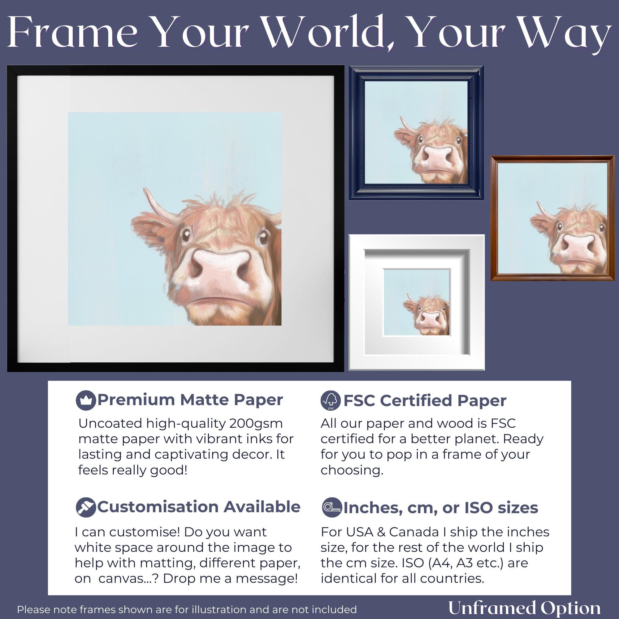 Cute Highland Cow Art Print Canvas / Unframed. Adorable Scottish Calf Wall Art, Funny Brown Farm Animal Painting Farmhouse Nursery Poster - CanvasityCrafts - Free Shipping