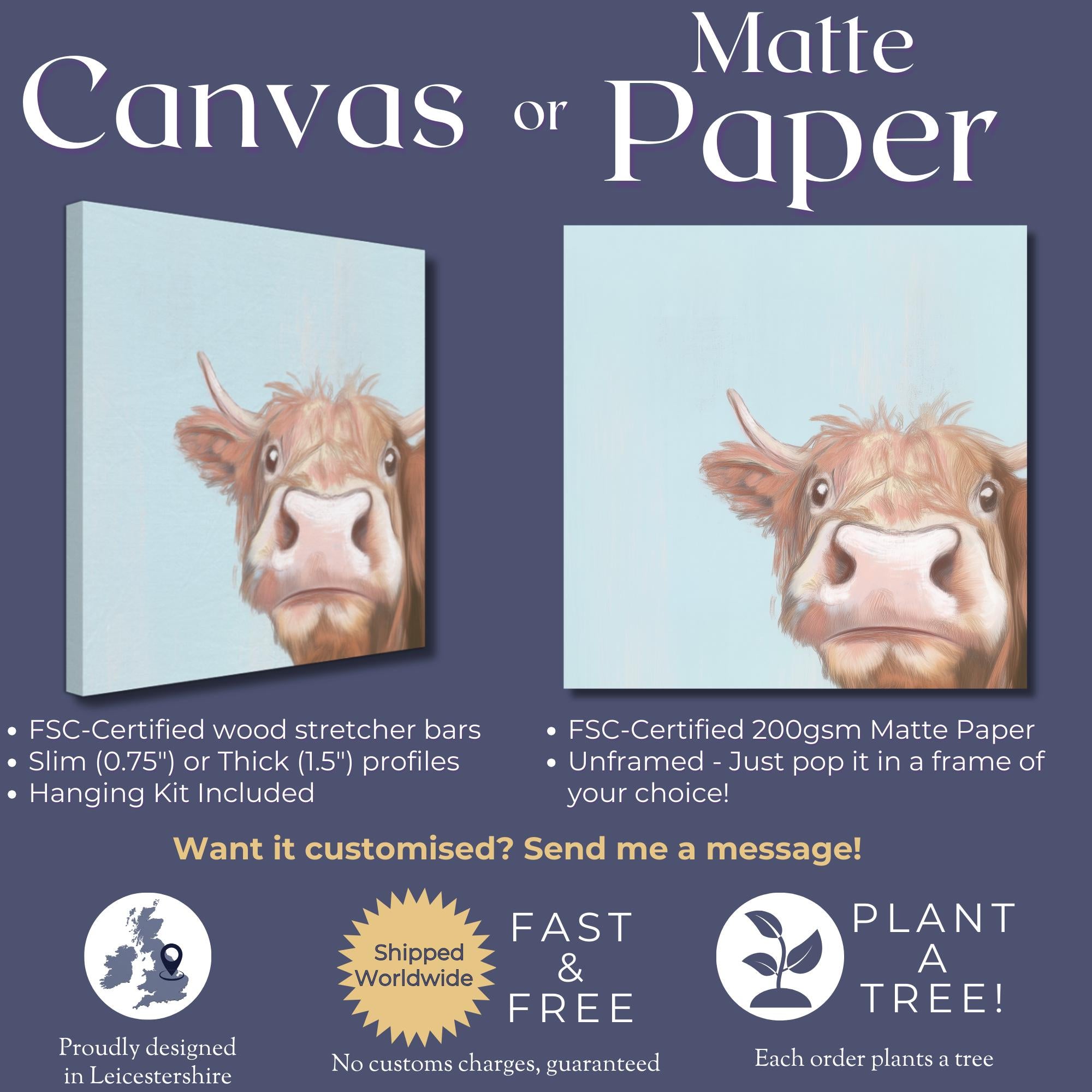 Cute Highland Cow Art Print Canvas / Unframed. Adorable Scottish Calf Wall Art, Funny Brown Farm Animal Painting Farmhouse Nursery Poster - CanvasityCrafts - Free Shipping