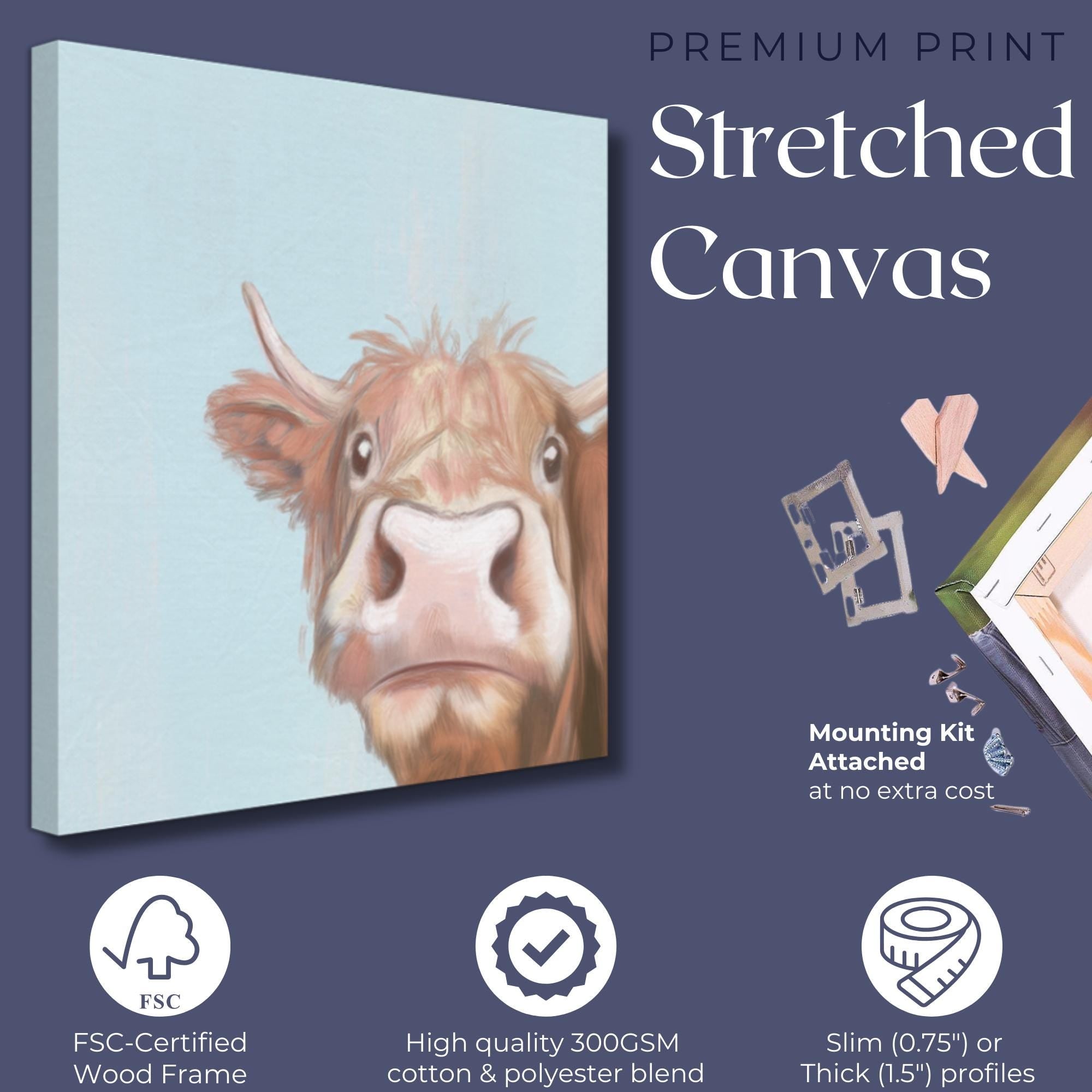 Cute Highland Cow Art Print Canvas / Unframed. Adorable Scottish Calf Wall Art, Funny Brown Farm Animal Painting Farmhouse Nursery Poster - CanvasityCrafts - Free Shipping