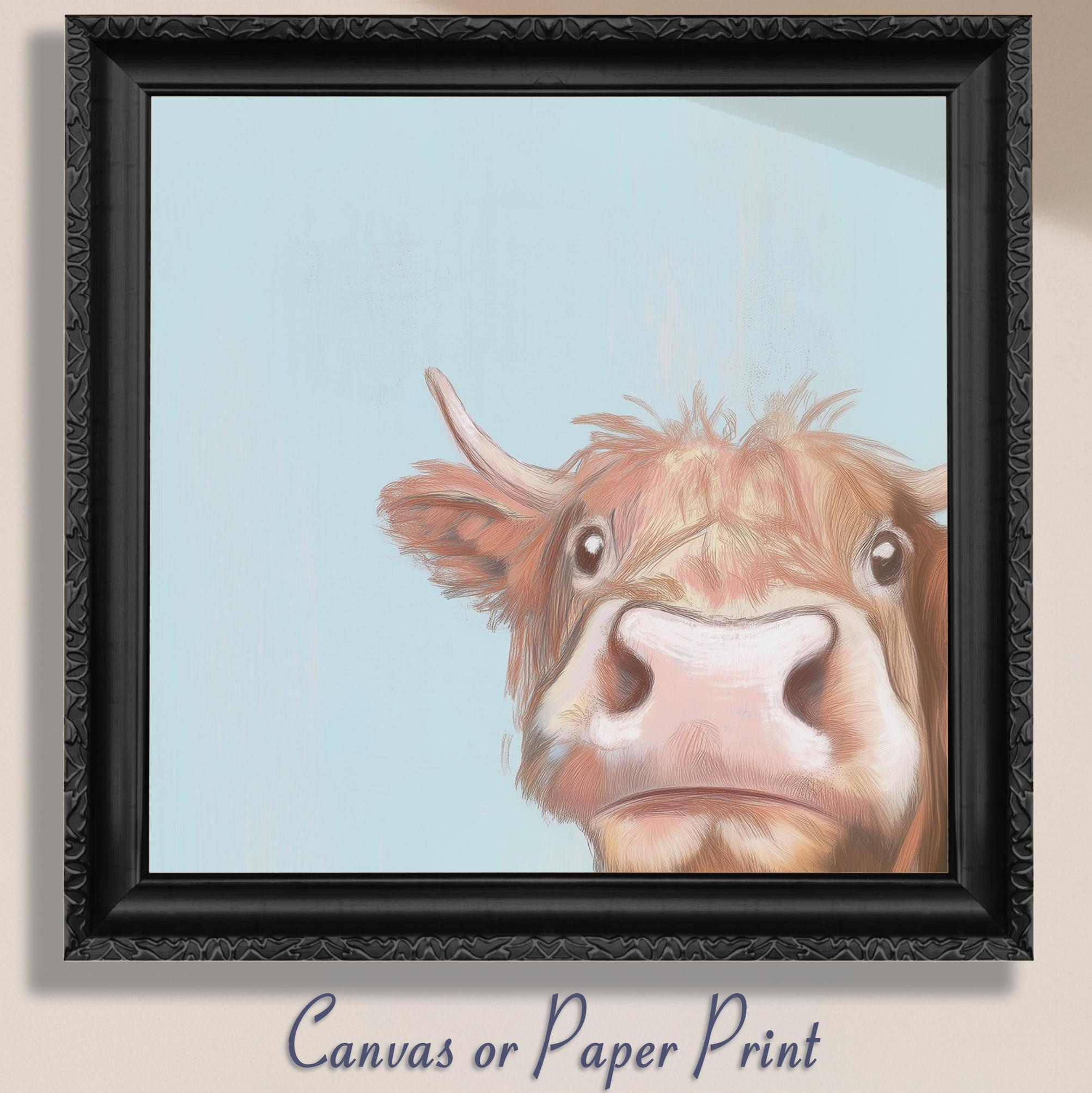 Cute Highland Cow Art Print Canvas / Unframed. Adorable Scottish Calf Wall Art, Funny Brown Farm Animal Painting Farmhouse Nursery Poster - CanvasityCrafts - Free Shipping