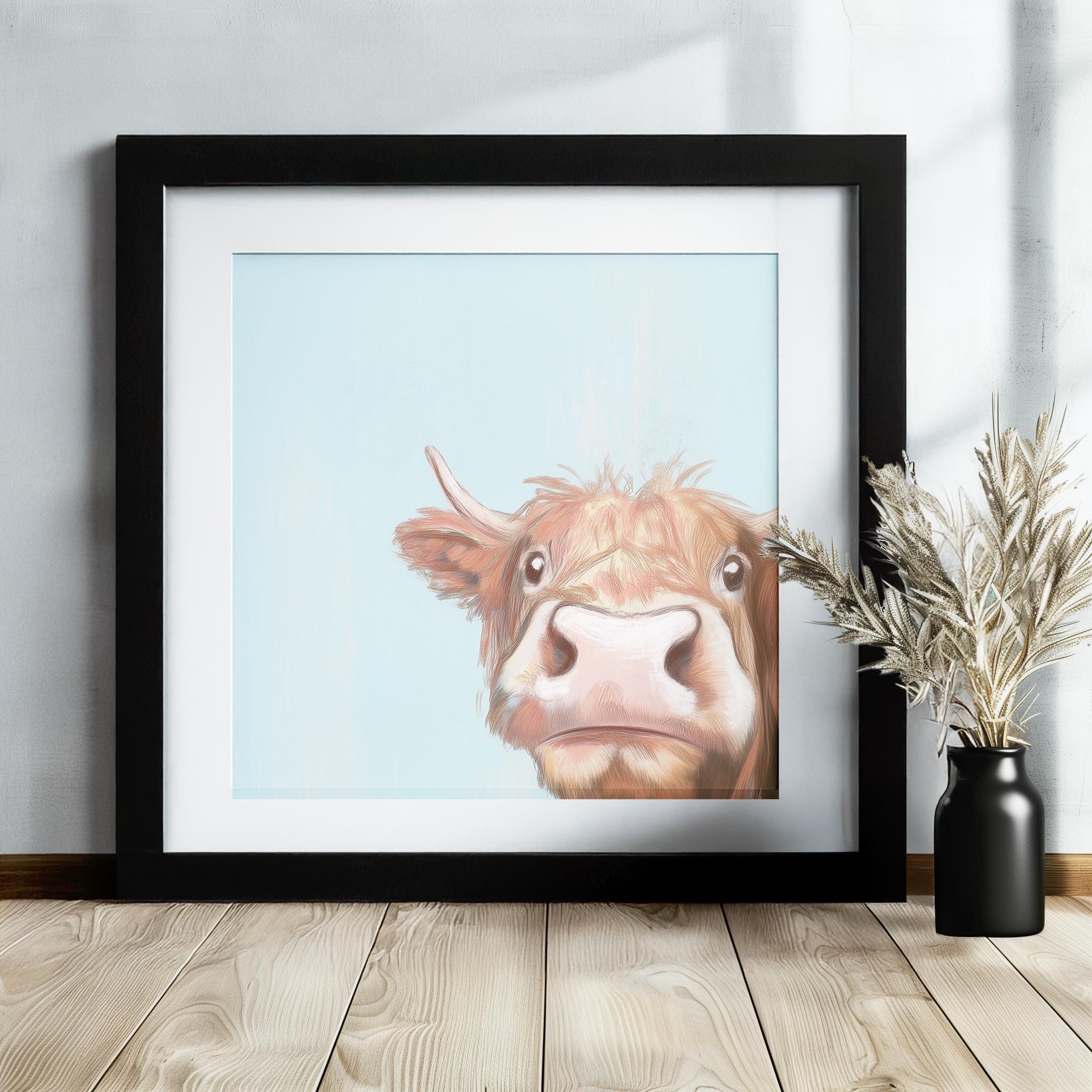 Cute Highland Cow Art Print Canvas / Unframed. Adorable Scottish Calf Wall Art, Funny Brown Farm Animal Painting Farmhouse Nursery Poster - CanvasityCrafts - Free Shipping