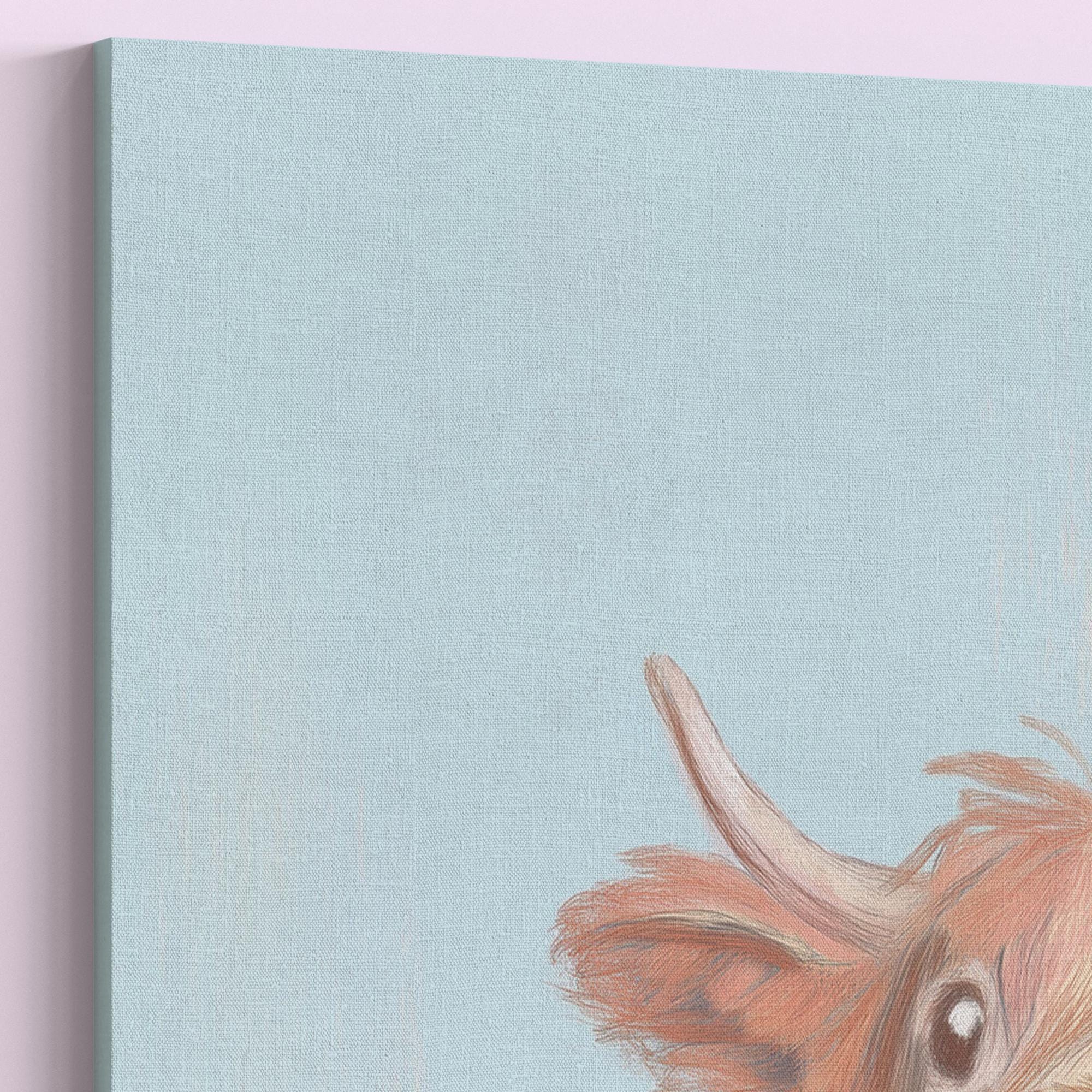 Cute Highland Cow Art Print Canvas / Unframed. Adorable Scottish Calf Wall Art, Funny Brown Farm Animal Painting Farmhouse Nursery Poster - CanvasityCrafts - Free Shipping