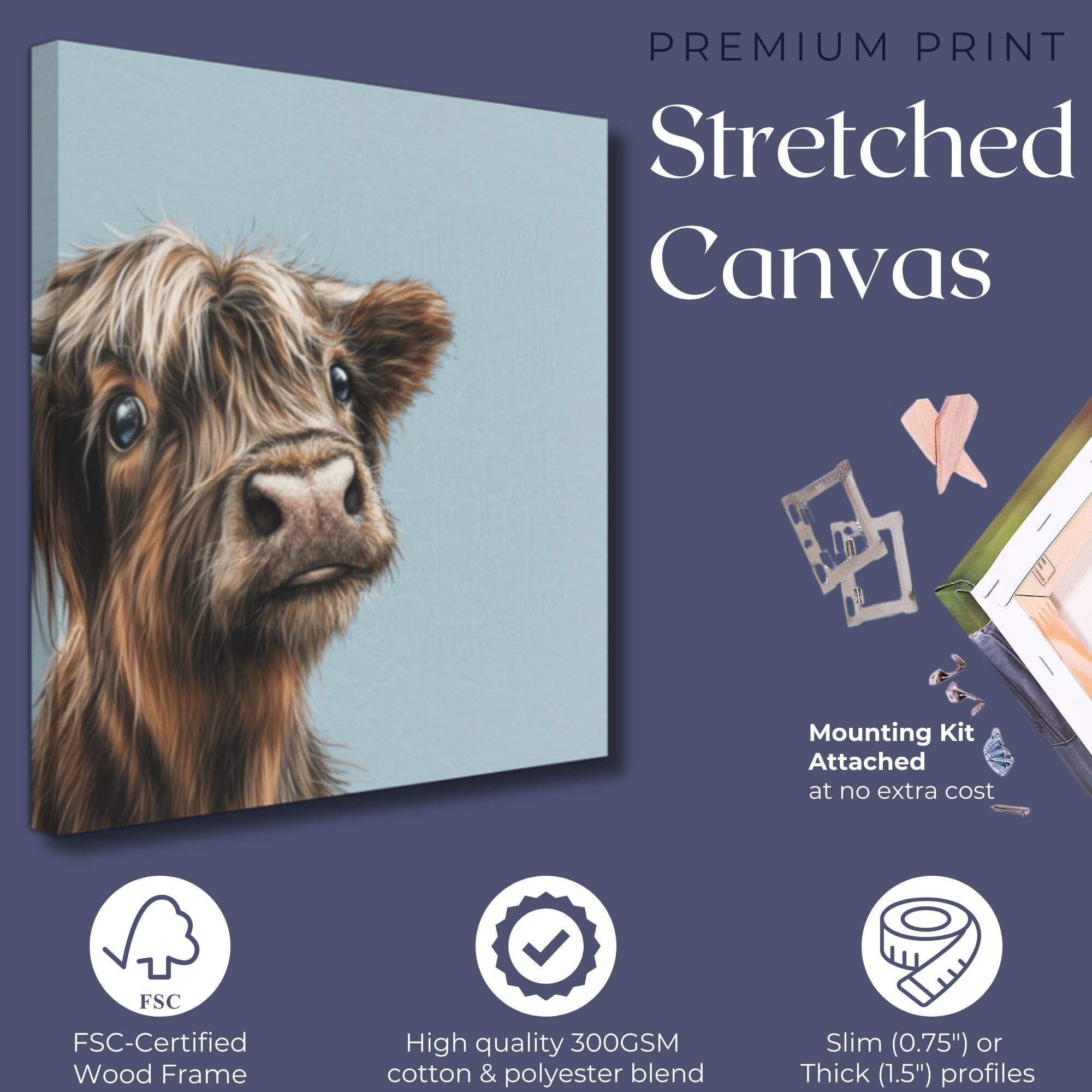 Cute Highland Cow Art Print Canvas / Unframed. Adorable Scottish Cattle Wall Art, Realistic Brown Coo Painting Farmhouse Rustic Decor - CanvasityCrafts - Free Shipping