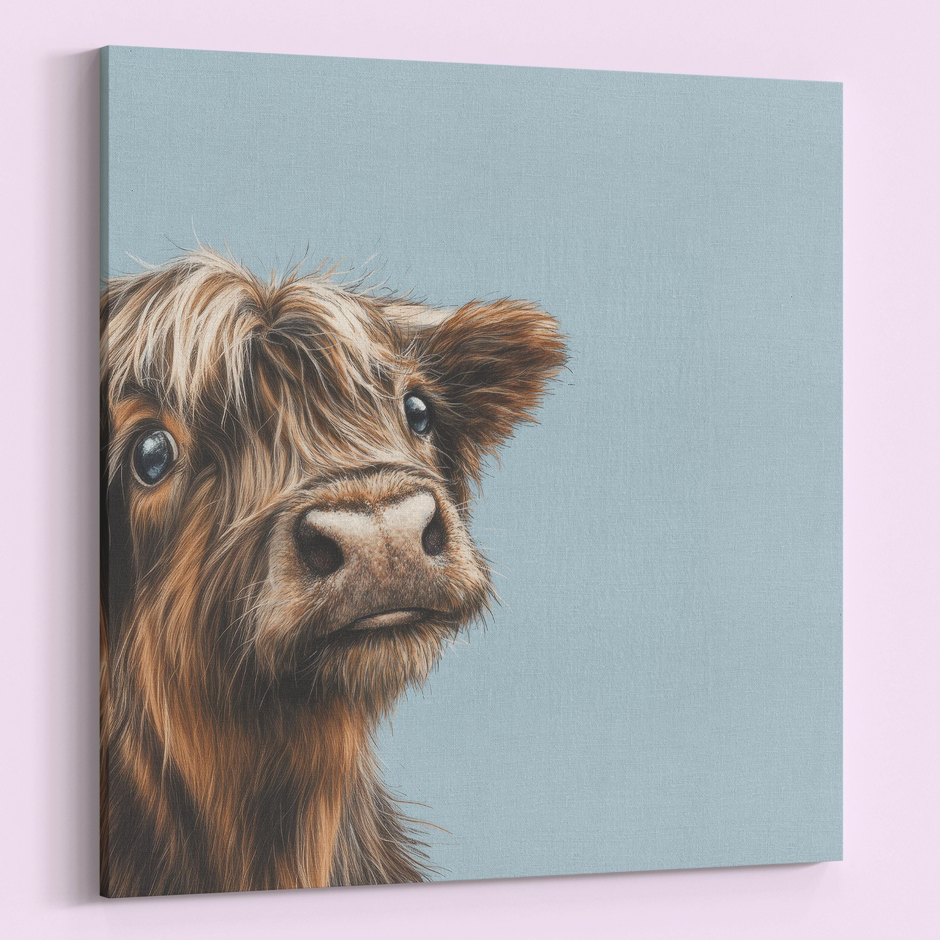 Cute Highland Cow Art Print Canvas / Unframed. Adorable Scottish Cattle Wall Art, Realistic Brown Coo Painting Farmhouse Rustic Decor - CanvasityCrafts - Free Shipping