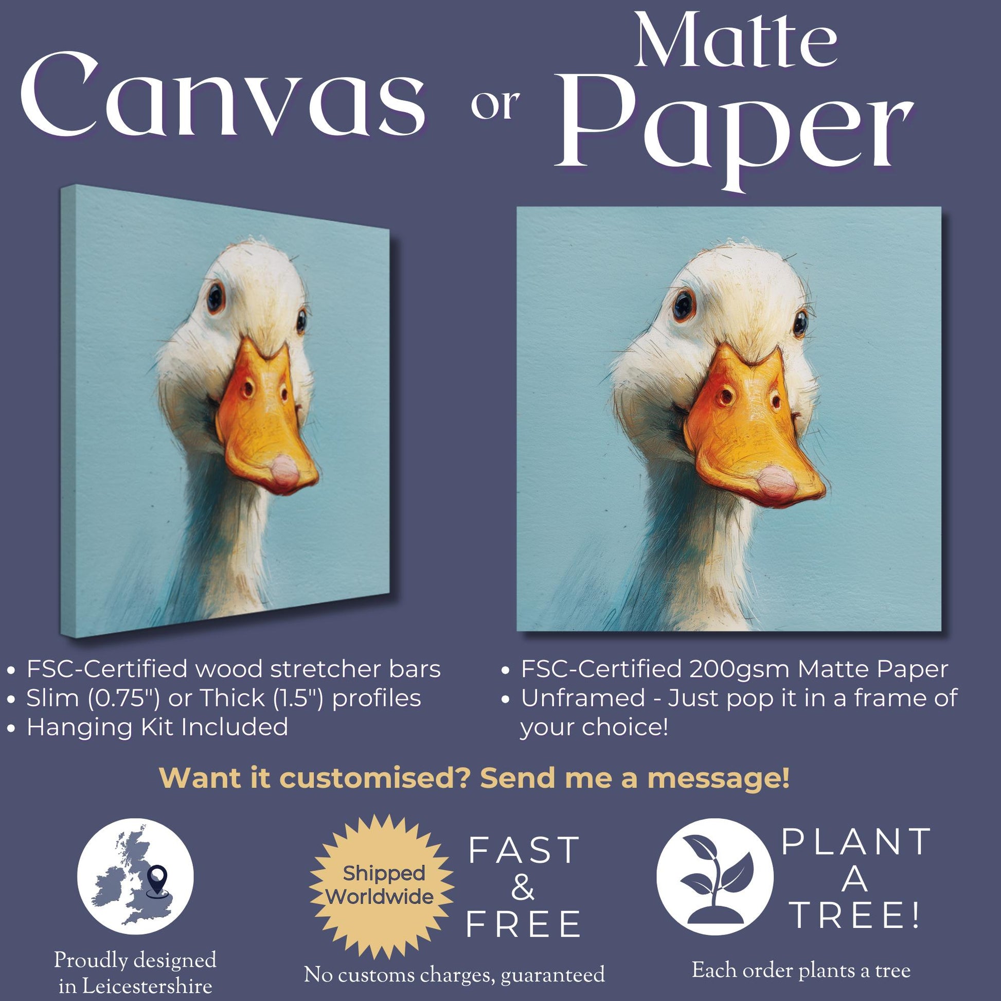 Duck Painting Canvas / Unframed. Vintage Duck Art Print, Funny Bird Portrait, Cute Animal Painting Blue Farm Wall Decor, Farmer Gift Idea - CanvasityCrafts - Free Shipping