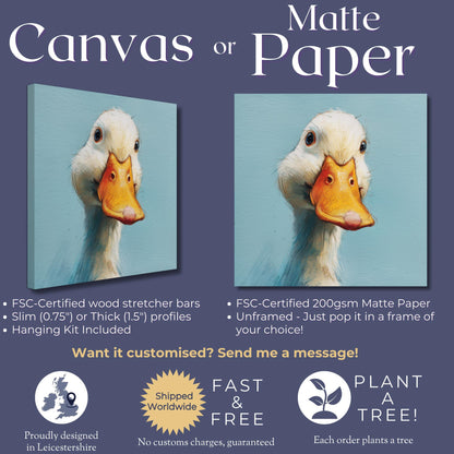 Duck Painting Canvas / Unframed. Vintage Duck Art Print, Funny Bird Portrait, Cute Animal Painting Blue Farm Wall Decor, Farmer Gift Idea - CanvasityCrafts - Free Shipping