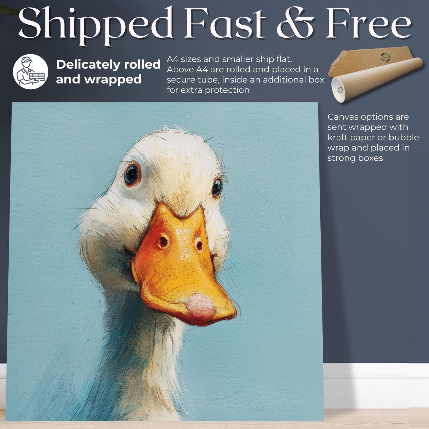 Duck Painting Canvas / Unframed. Vintage Duck Art Print, Funny Bird Portrait, Cute Animal Painting Blue Farm Wall Decor, Farmer Gift Idea - CanvasityCrafts - Free Shipping