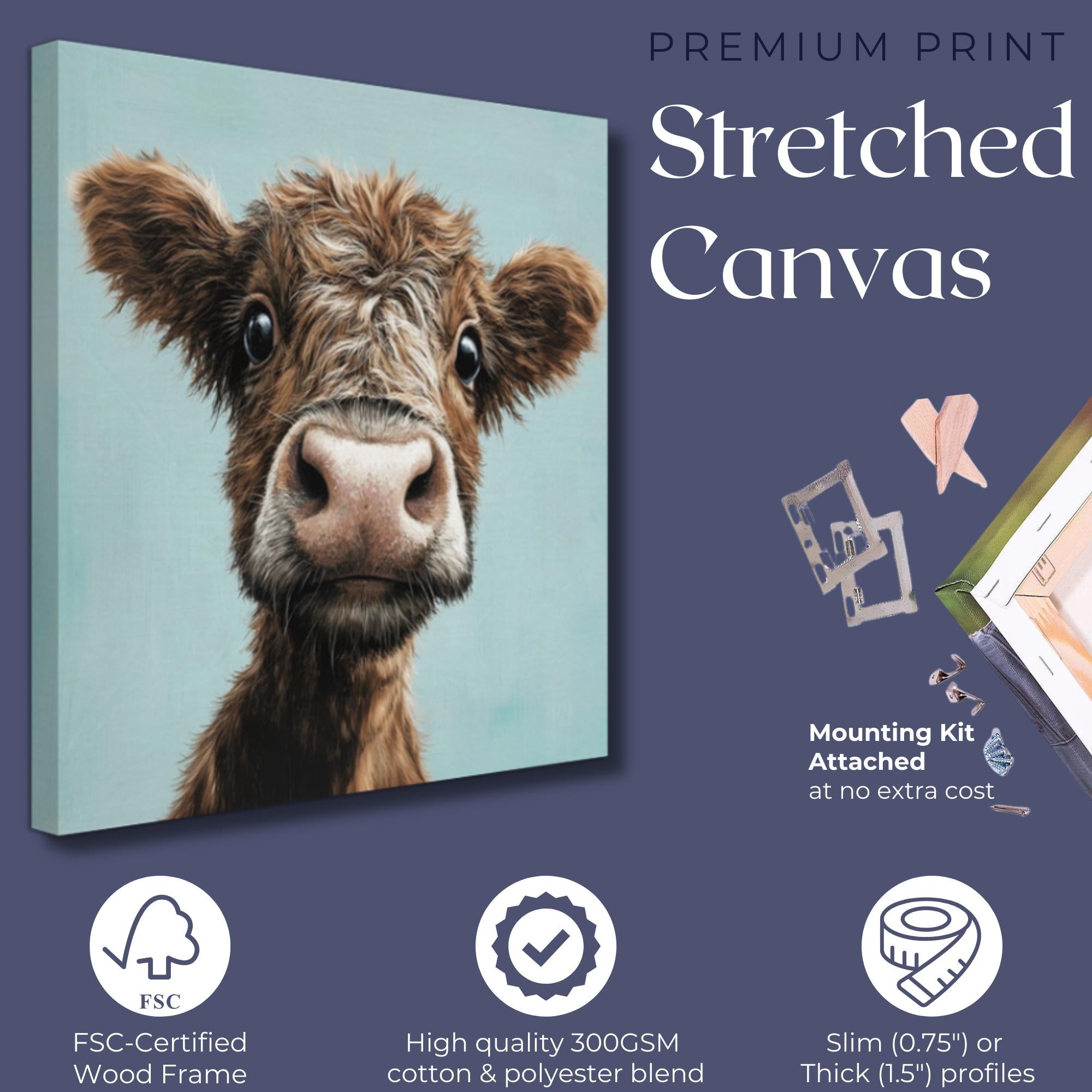 Cute Highland Cow Art Print Canvas / Unframed. Adorable Scottish Calf Wall Art, Funny Brown Farm Animal Painting Farmhouse Nursery Poster - CanvasityCrafts - Free Shipping
