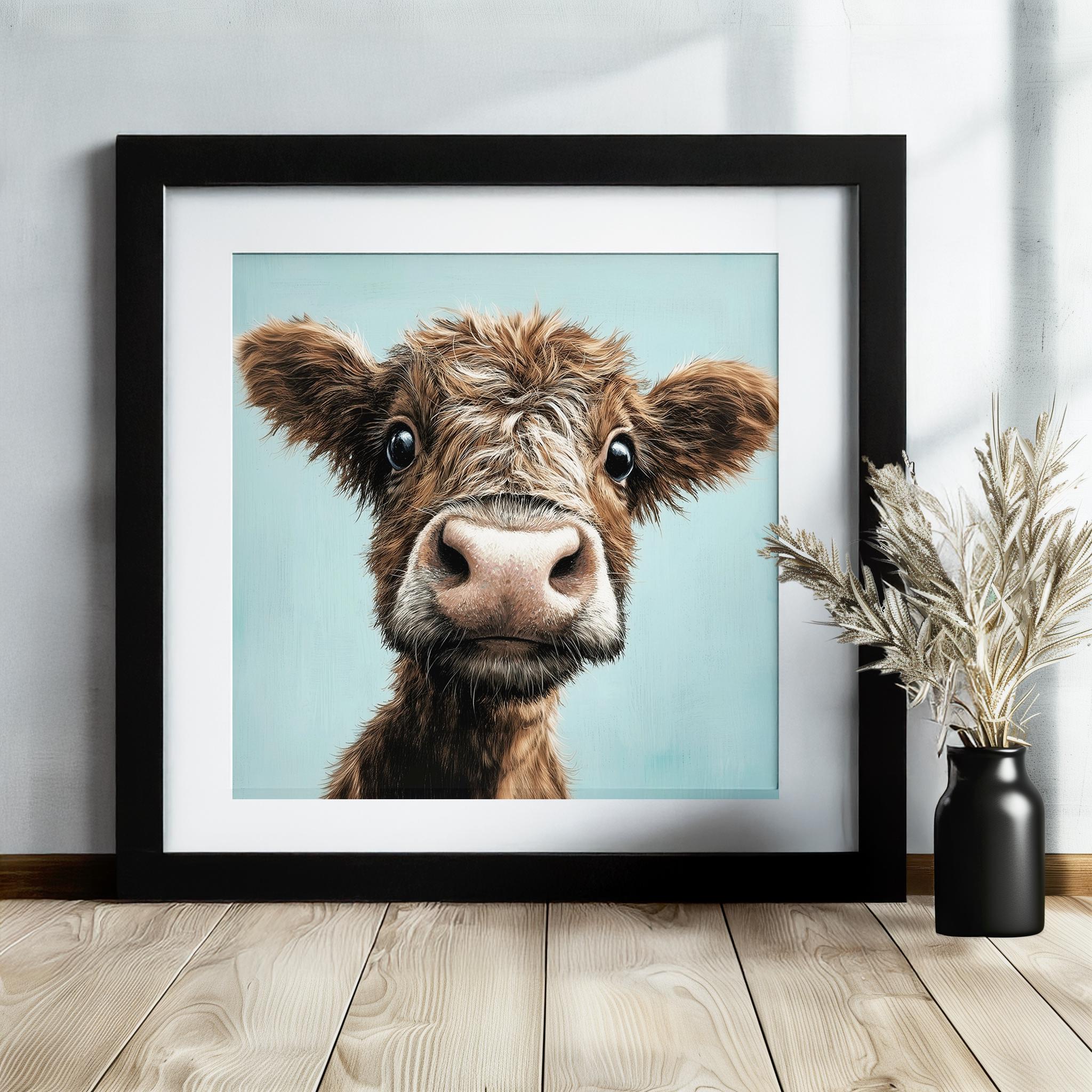 Cute Highland Cow Art Print Canvas / Unframed. Adorable Scottish Calf Wall Art, Funny Brown Farm Animal Painting Farmhouse Nursery Poster - CanvasityCrafts - Free Shipping