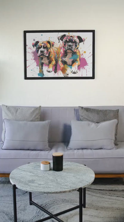 Cute Boxer Dog Puppies Watercolor Poster Print | Colorful Wall Art Gift for Dog Lovers, Boxer Mom or Dad. Puppy love!