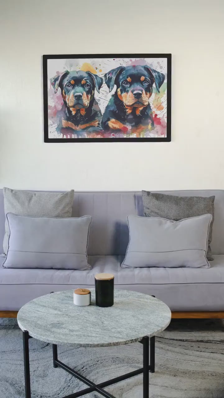 Cute Rottweiler Puppies Watercolor Poster Print | Colorful Wall Art Gift for Dog Lovers, Rottie Mom or Dad. Puppy love!