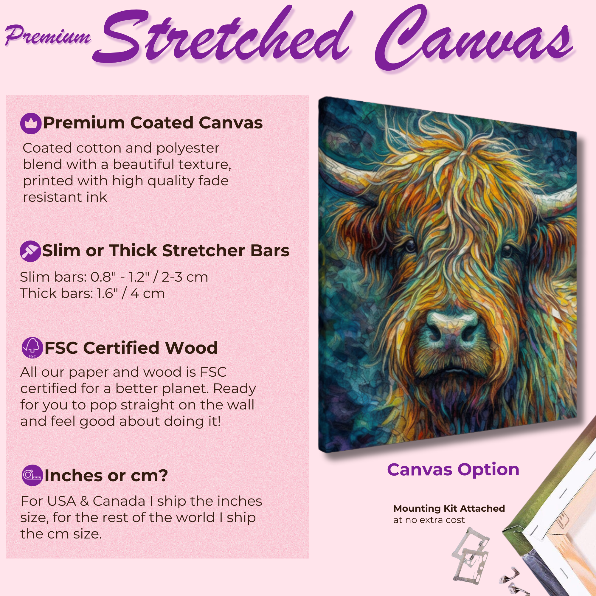 Highland Cow Portrait - Canvas Print, Pine Wooden Frame or Unframed Matte Paper Options