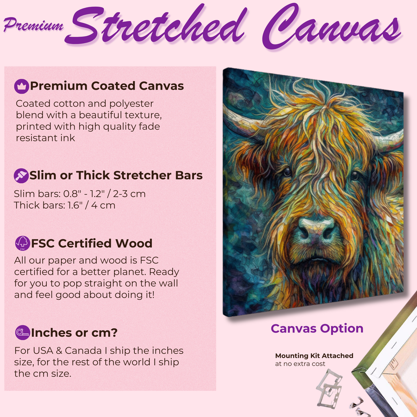 Highland Cow Portrait - Canvas Print, Pine Wooden Frame or Unframed Matte Paper Options