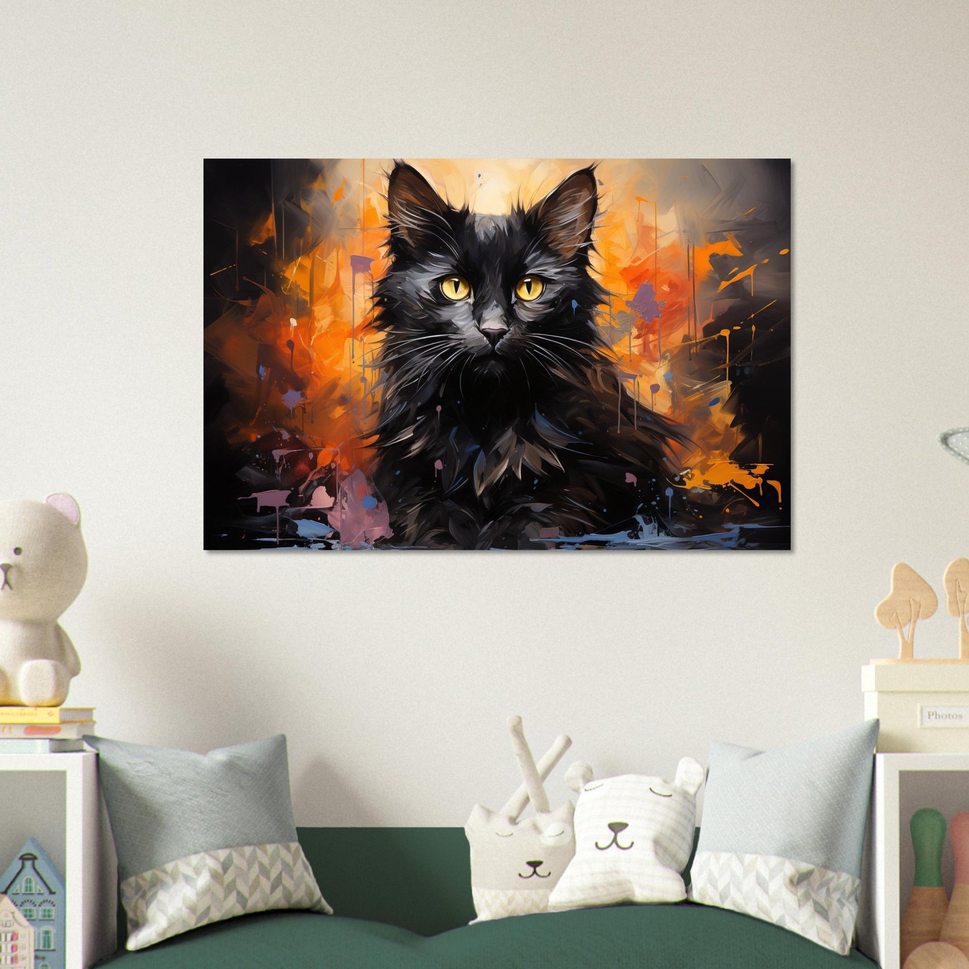 Abstract Black Cat / Kitten on Orange - Unframed Print - Matte Paper - Colourful wall art by Canvasity Crafts