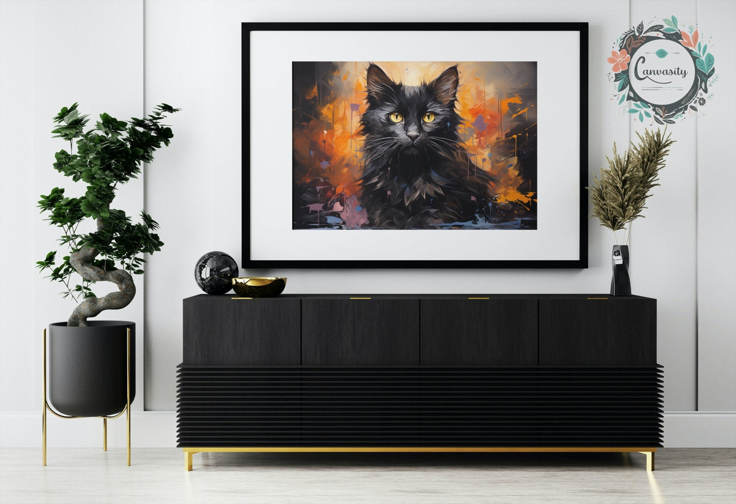 Abstract Black Cat / Kitten on Orange - Unframed Print - Matte Paper - Colourful wall art by Canvasity Crafts