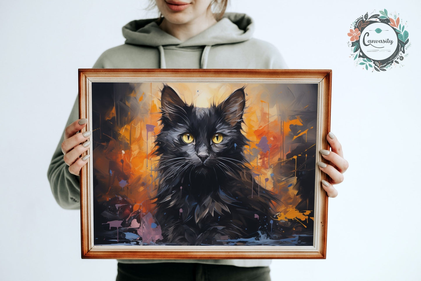 Abstract Black Cat / Kitten on Orange - Unframed Print - Matte Paper - Colourful wall art by Canvasity Crafts