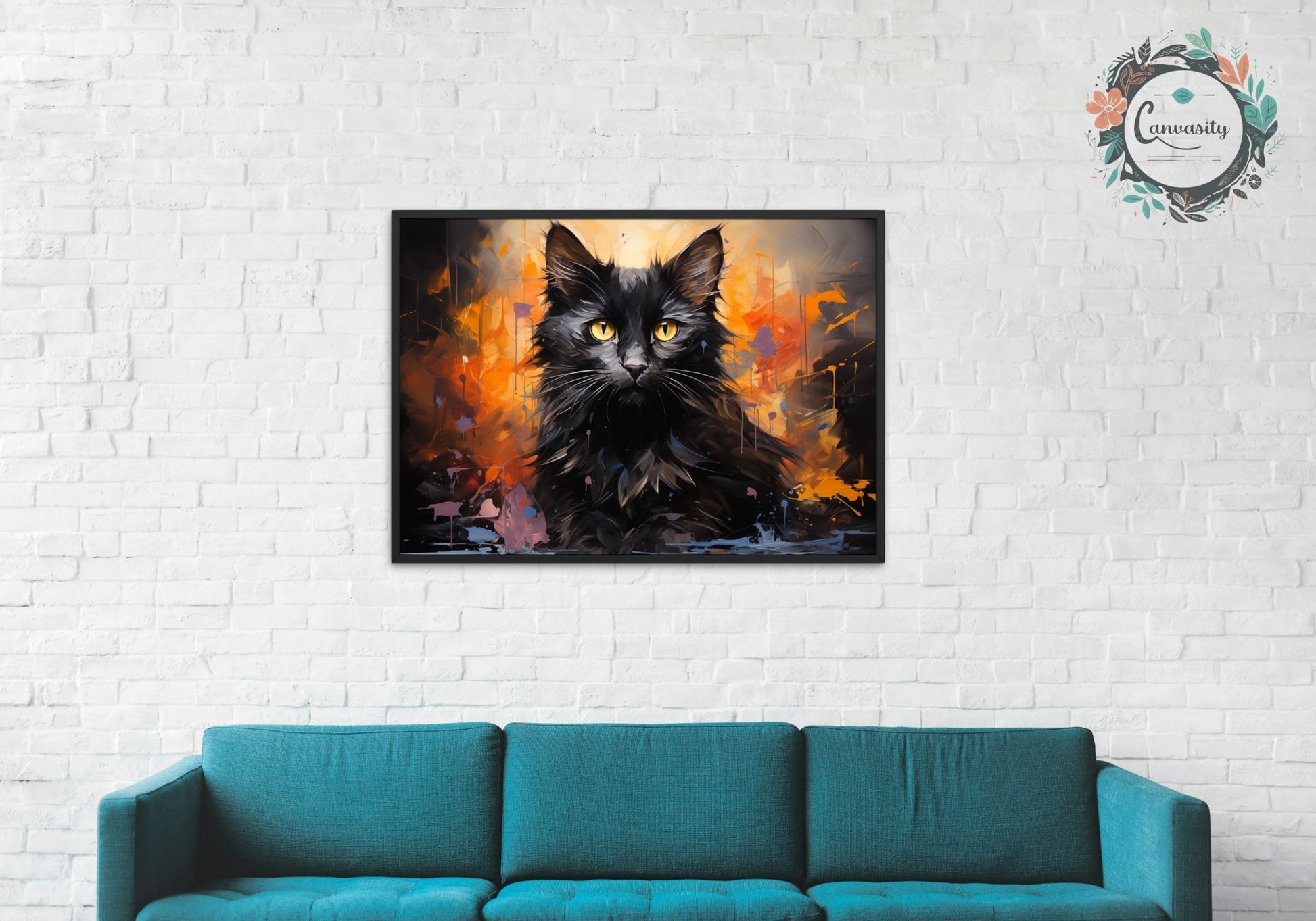 Abstract Black Cat / Kitten on Orange - Unframed Print - Matte Paper - Colourful wall art by Canvasity Crafts