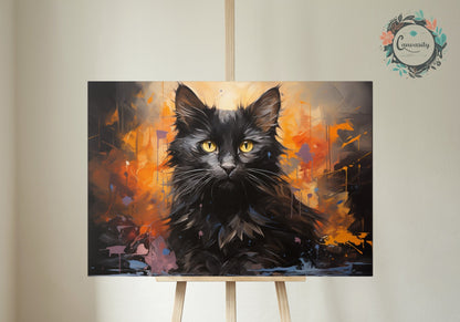 Abstract Black Cat / Kitten on Orange - Unframed Print - Matte Paper - Colourful wall art by Canvasity Crafts