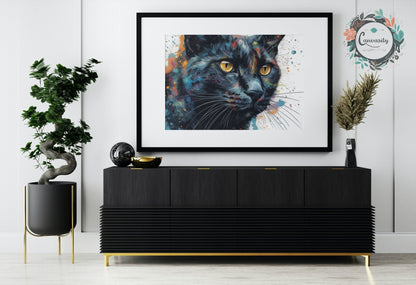 Abstract Black Cat Portrait - Unframed Print - Matte Paper - Colourful wall art by Canvasity Crafts