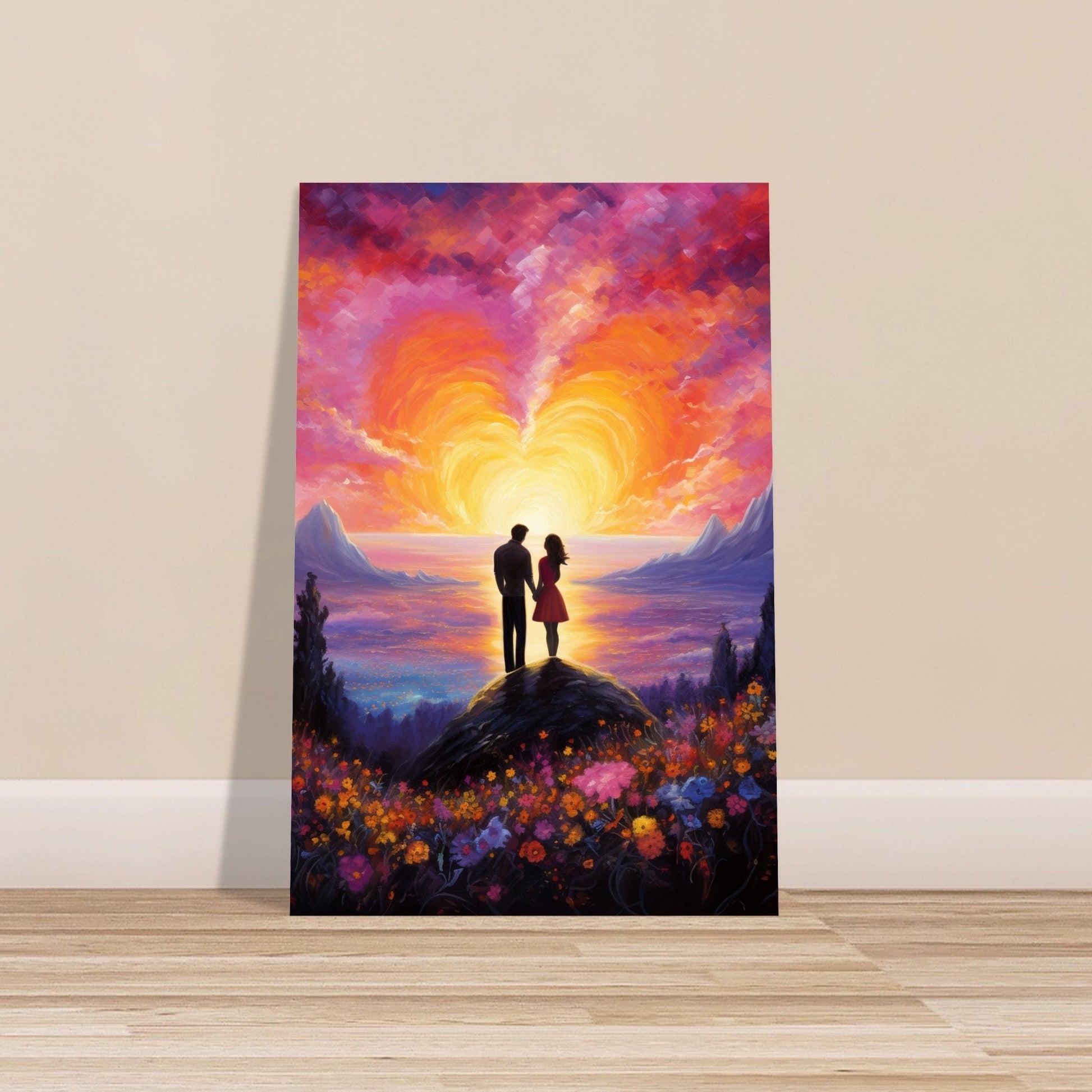 Abstract Couple in Love Poster Print - Sunset & Flowers, Valentine's Day Painting, Wedding Anniversary Gift for Wife, Husband, Girlfriend - Posters - Colourful wall art by Canvasity Crafts