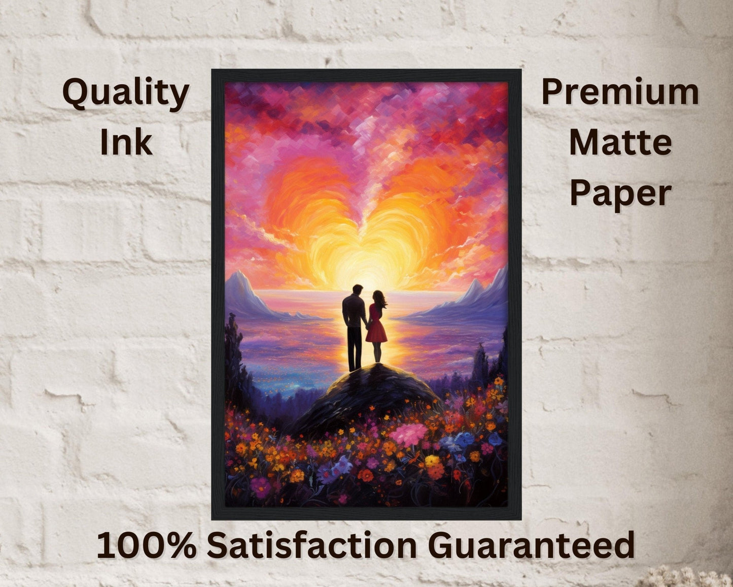 Abstract Couple in Love Poster Print - Sunset & Flowers, Valentine's Day Painting, Wedding Anniversary Gift for Wife, Husband, Girlfriend - Posters - Colourful wall art by Canvasity Crafts