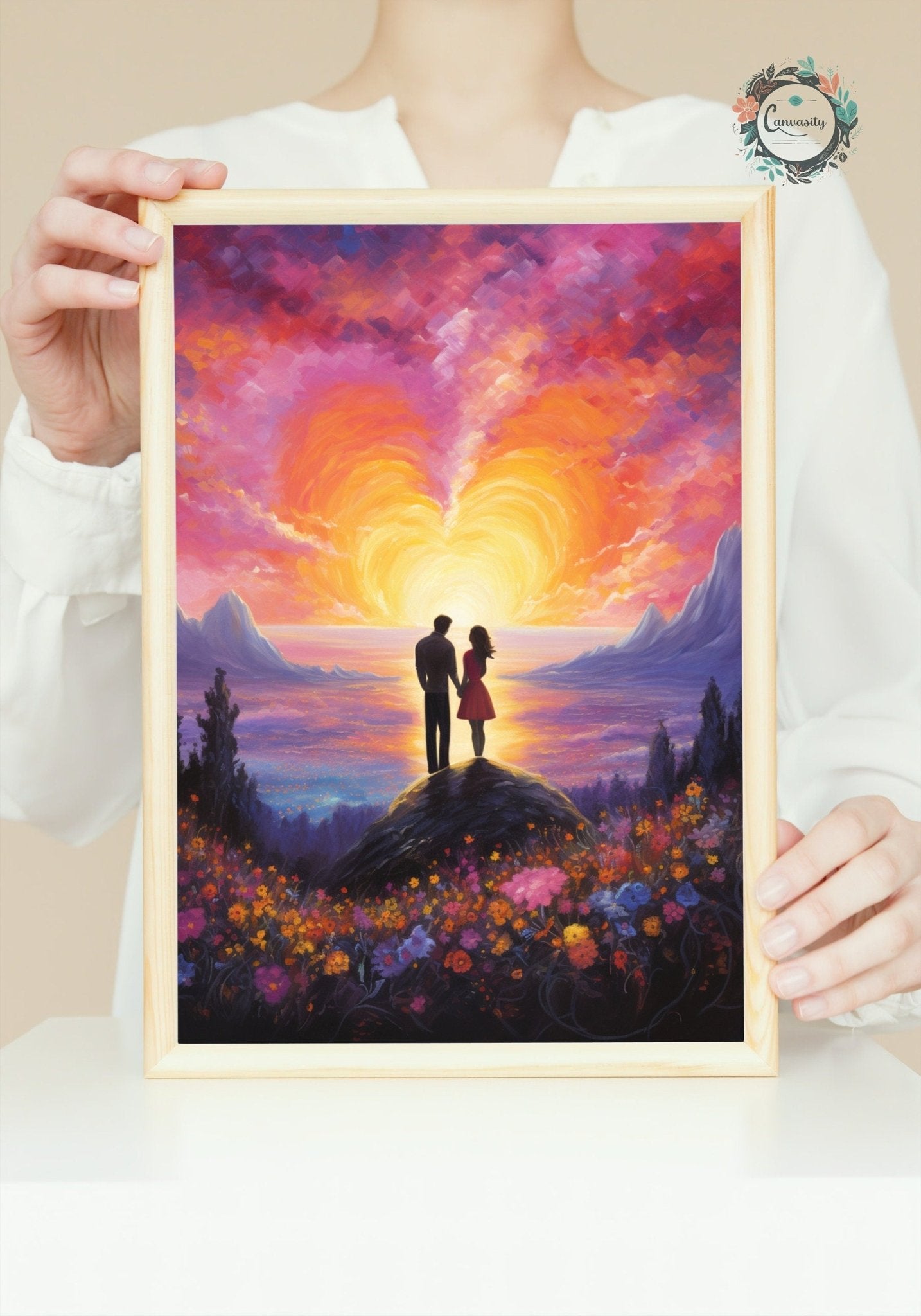 Abstract Couple in Love Poster Print - Sunset & Flowers, Valentine's Day Painting, Wedding Anniversary Gift for Wife, Husband, Girlfriend - Posters - Colourful wall art by Canvasity Crafts