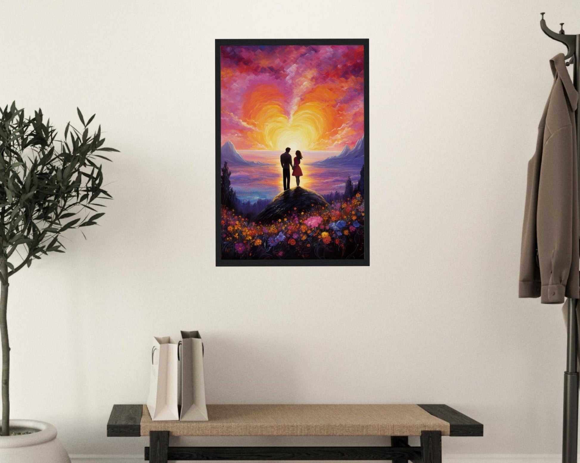 Abstract Couple in Love Poster Print - Sunset & Flowers, Valentine's Day Painting, Wedding Anniversary Gift for Wife, Husband, Girlfriend - Posters - Colourful wall art by Canvasity Crafts