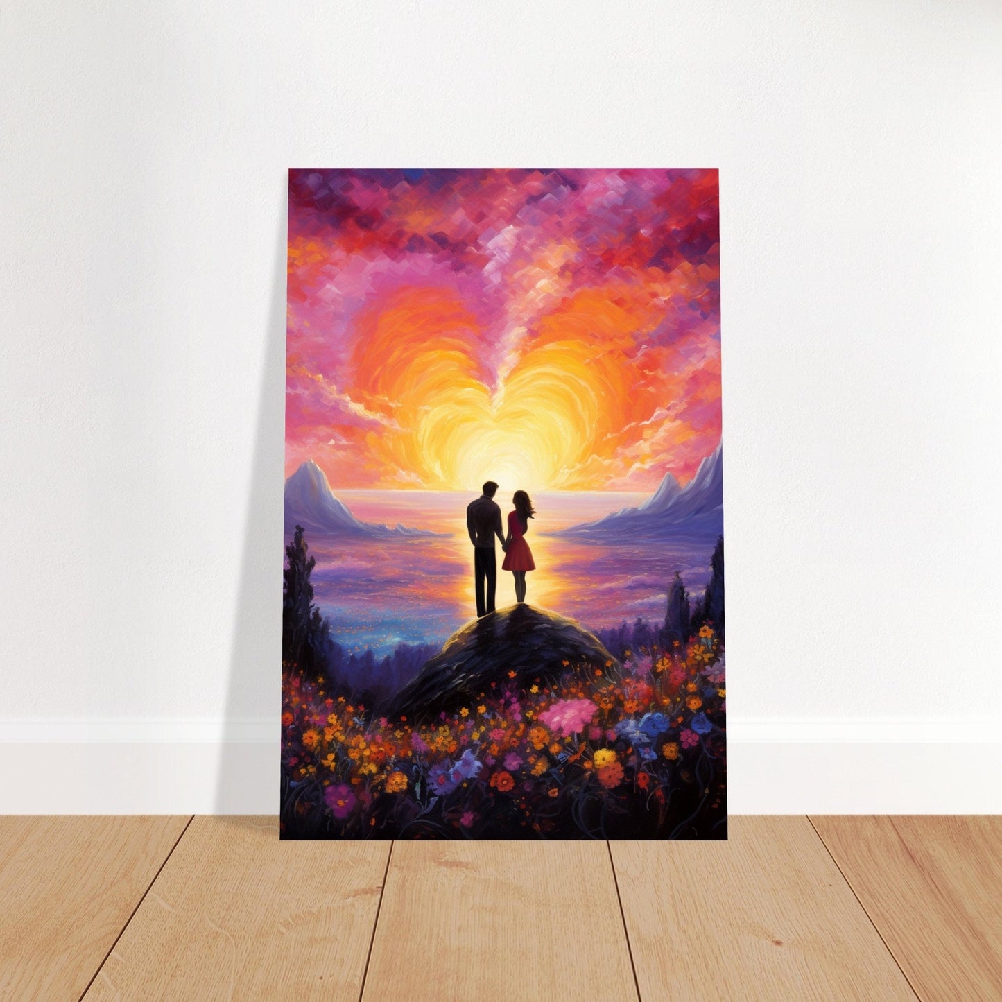 Abstract Couple in Love Poster Print - Sunset & Flowers, Valentine's Day Painting, Wedding Anniversary Gift for Wife, Husband, Girlfriend - Posters - Colourful wall art by Canvasity Crafts