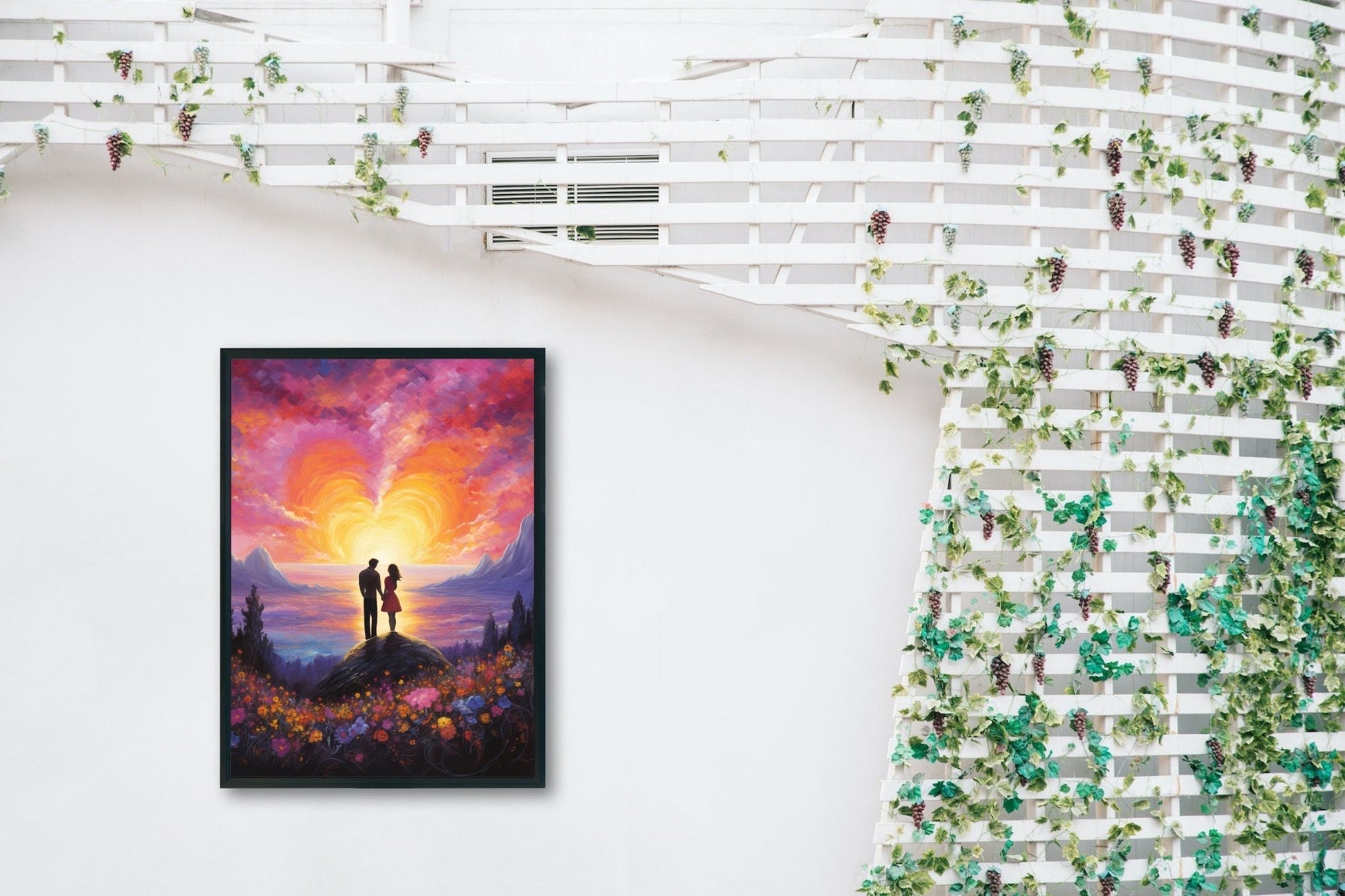 Abstract Couple in Love Poster Print - Sunset & Flowers, Valentine's Day Painting, Wedding Anniversary Gift for Wife, Husband, Girlfriend - Posters - Colourful wall art by Canvasity Crafts