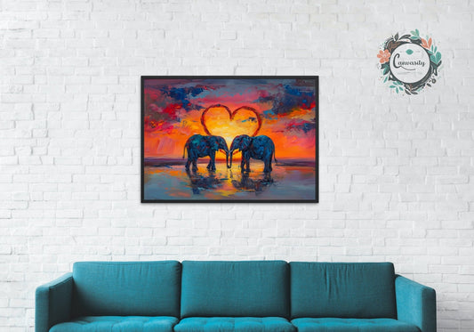 Abstract Elephants in Love at Sunset Poster Print - Valentine's Day Painting Wedding Gift, Anniversary Present for Wife, Husband, Girlfriend - Posters - Colourful wall art by Canvasity Crafts