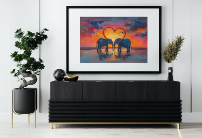 Abstract Elephants in Love at Sunset Poster Print - Valentine's Day Painting Wedding Gift, Anniversary Present for Wife, Husband, Girlfriend - Posters - Colourful wall art by Canvasity Crafts