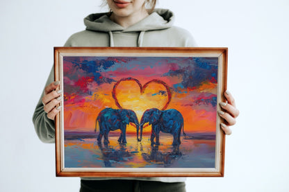 Abstract Elephants in Love at Sunset Poster Print - Valentine's Day Painting Wedding Gift, Anniversary Present for Wife, Husband, Girlfriend - Posters - Colourful wall art by Canvasity Crafts