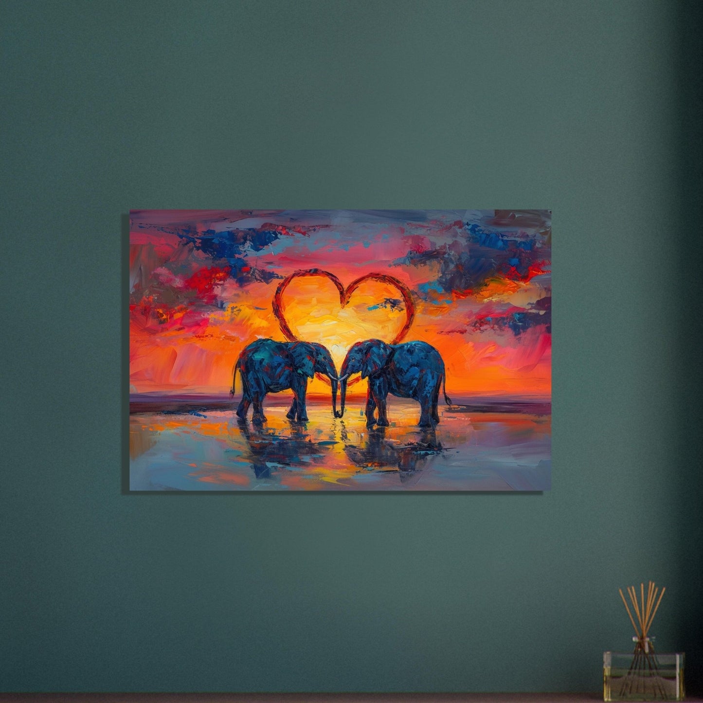 Abstract Elephants in Love at Sunset Poster Print - Valentine's Day Painting Wedding Gift, Anniversary Present for Wife, Husband, Girlfriend - Posters - Colourful wall art by Canvasity Crafts