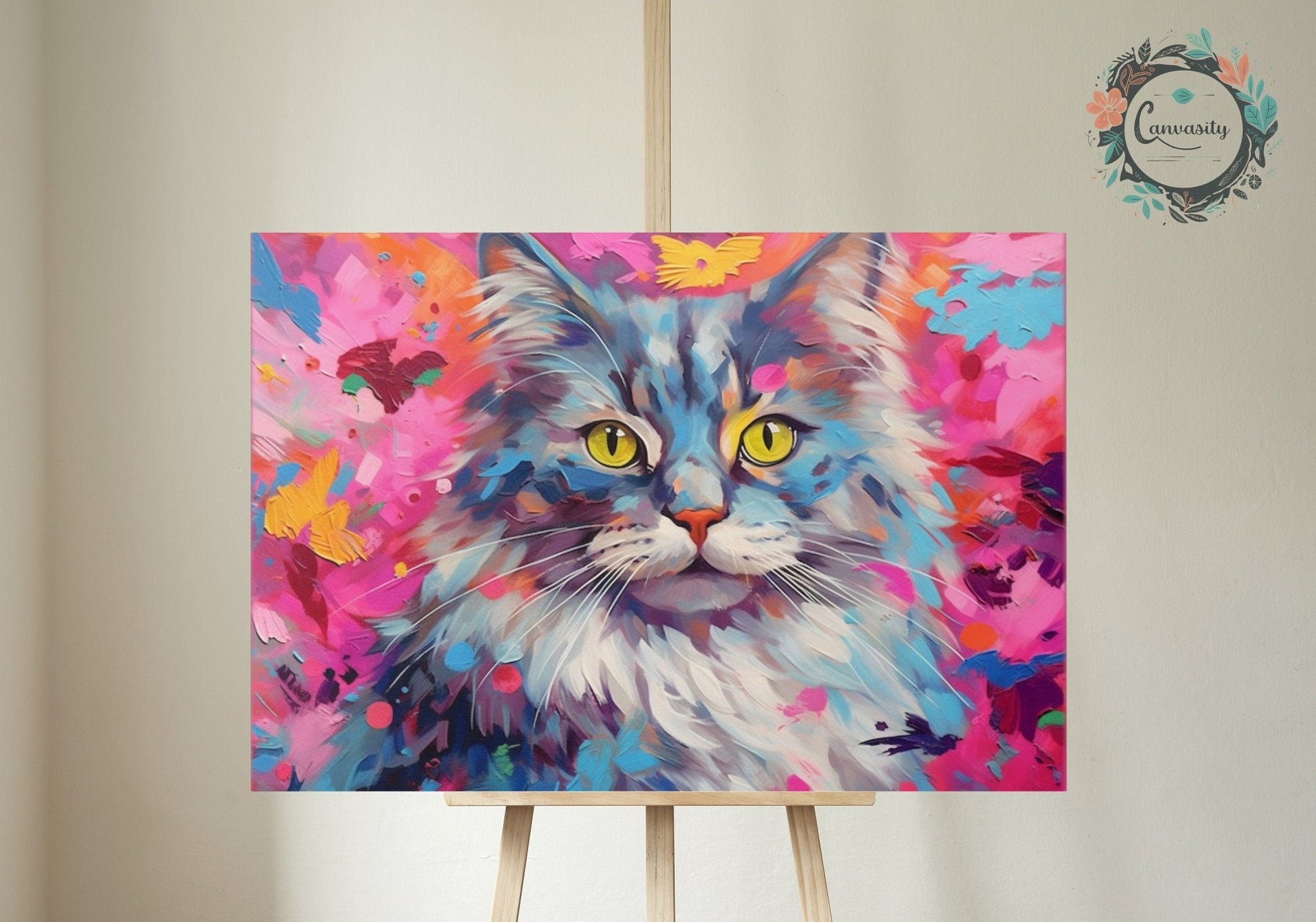 Abstract Ragdoll Cat Abstract Painting - Pallet Knife Poster Print, Colourful Cat Lover Gift, Pretty Feline Wall Art, Pink Rainbow Colour - Posters - Colourful wall art by Canvasity Crafts