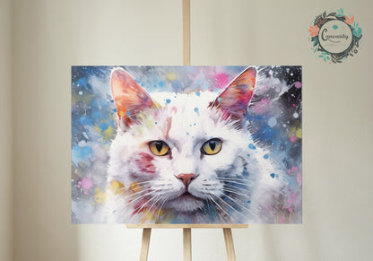 Abstract Snowy White Cat - Unframed Print - Matte Paper - Colourful wall art by Canvasity Crafts