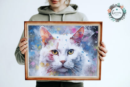 Abstract Snowy White Cat - Unframed Print - Matte Paper - Colourful wall art by Canvasity Crafts