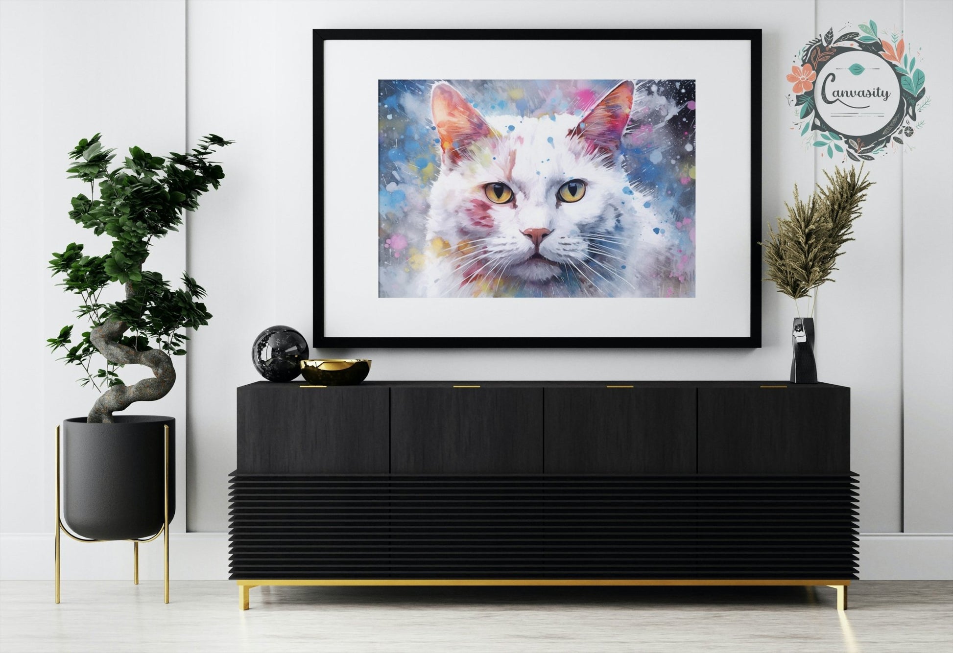 Abstract Snowy White Cat - Unframed Print - Matte Paper - Colourful wall art by Canvasity Crafts