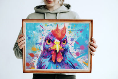 Adorable Blue & Purple Chicken Print - Unframed - Matte Paper - Colourful wall art by Canvasity Crafts