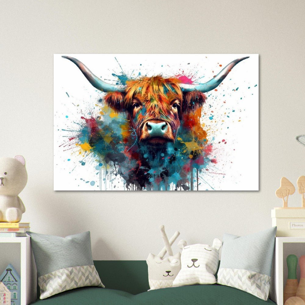 Adorable Highland Cow With Long Horns Print - Unframed - Matte Paper - Colourful wall art by Canvasity Crafts