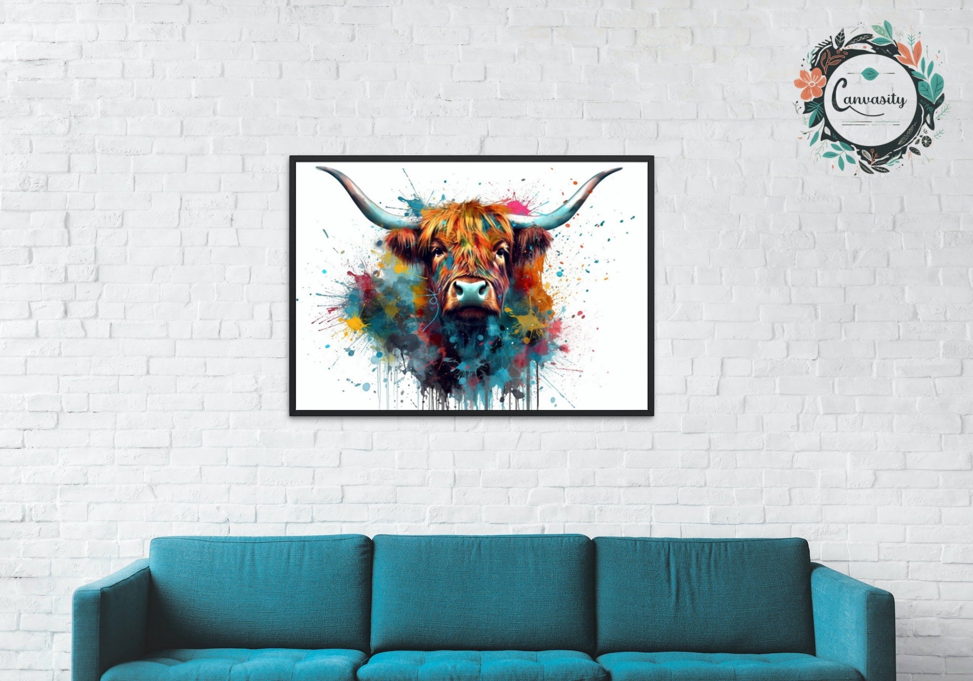 Adorable Highland Cow With Long Horns Print - Unframed - Matte Paper - Colourful wall art by Canvasity Crafts