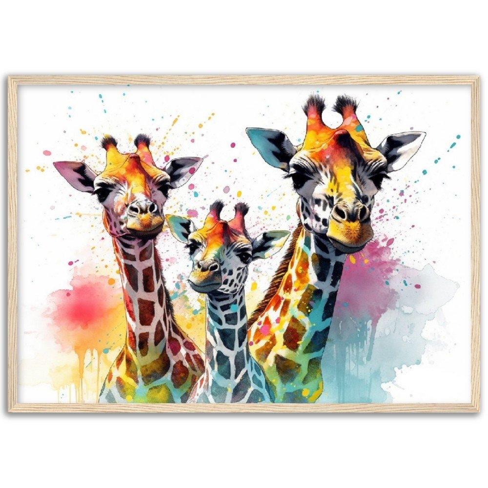 Adorable Trio of Giraffes Wall Art | Watercolour Framed Poster | Wildlife Gift for Giraffe Lovers, Parents, Baby Shower - Framed Wall Art - Colourful wall art by Canvasity Crafts