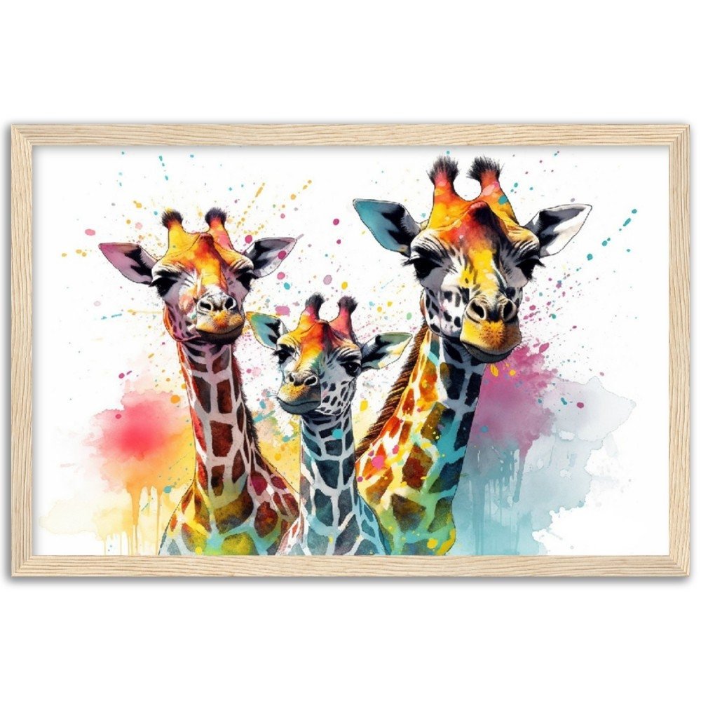 Adorable Trio of Giraffes Wall Art | Watercolour Framed Poster | Wildlife Gift for Giraffe Lovers, Parents, Baby Shower - Framed Wall Art - Colourful wall art by Canvasity Crafts