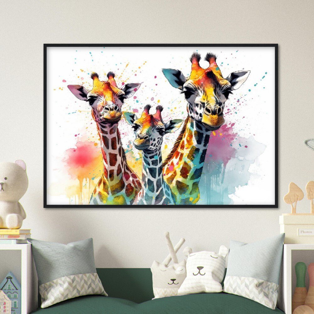 Adorable Trio of Giraffes Wall Art | Watercolour Framed Poster | Wildlife Gift for Giraffe Lovers, Parents, Baby Shower - Framed Wall Art - Colourful wall art by Canvasity Crafts