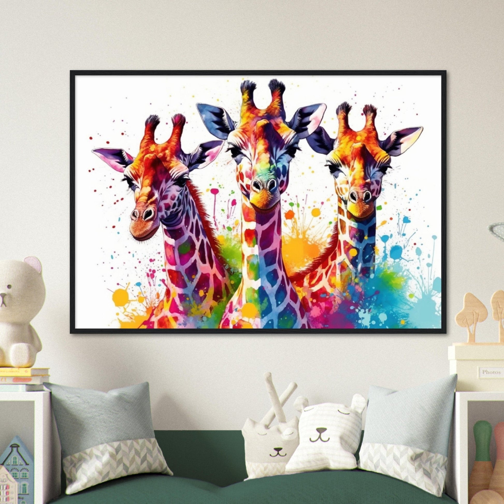 Adorable Trio of Giraffes Wall Art | Watercolour Framed Poster | Wildlife Gift for Giraffe Lovers, Parents, Baby Shower - Framed Wall Art - Colourful wall art by Canvasity Crafts