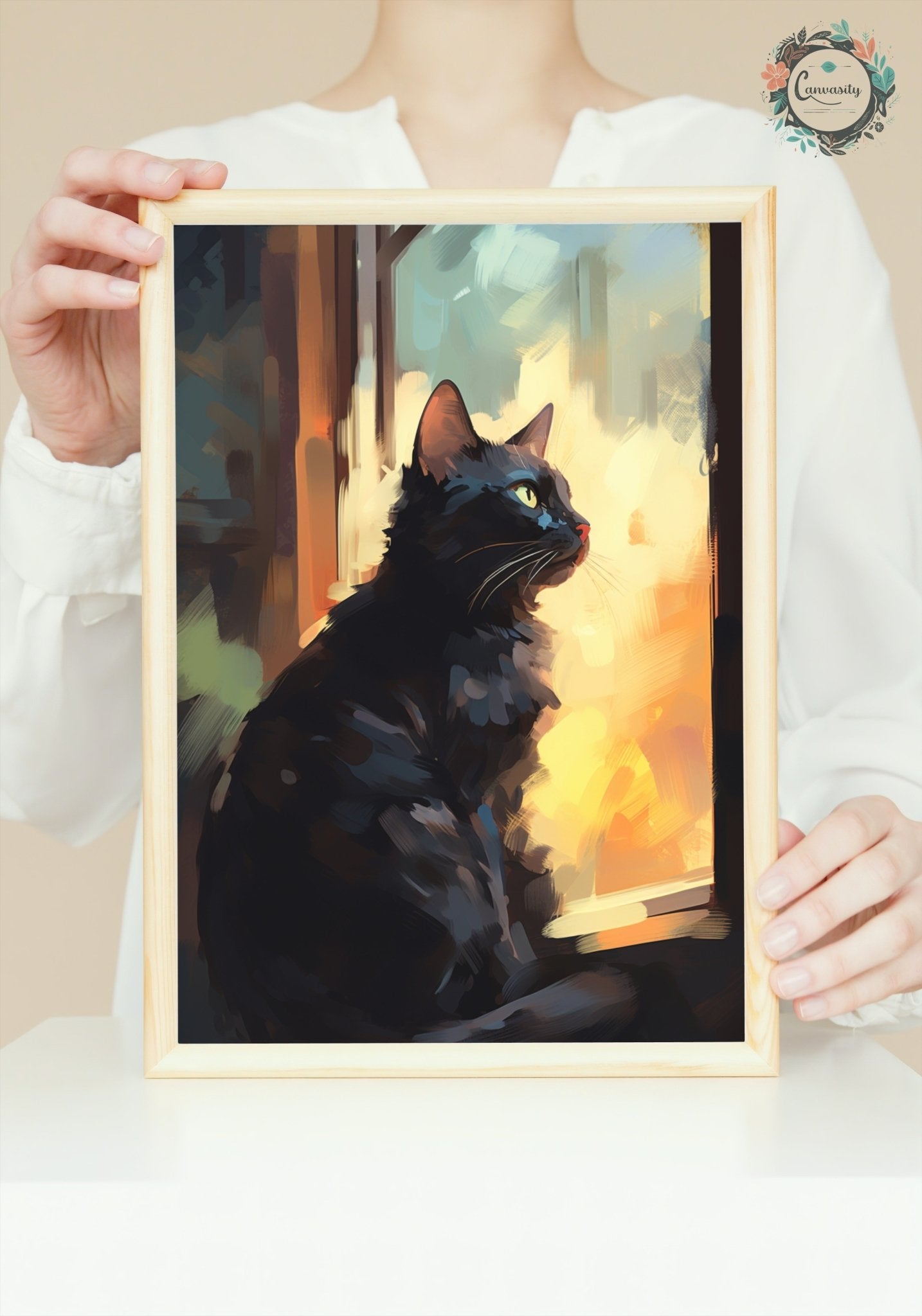 Black Cat at Sunrise Premium Print - Unframed - Matte Paper - Colourful wall art by Canvasity Crafts