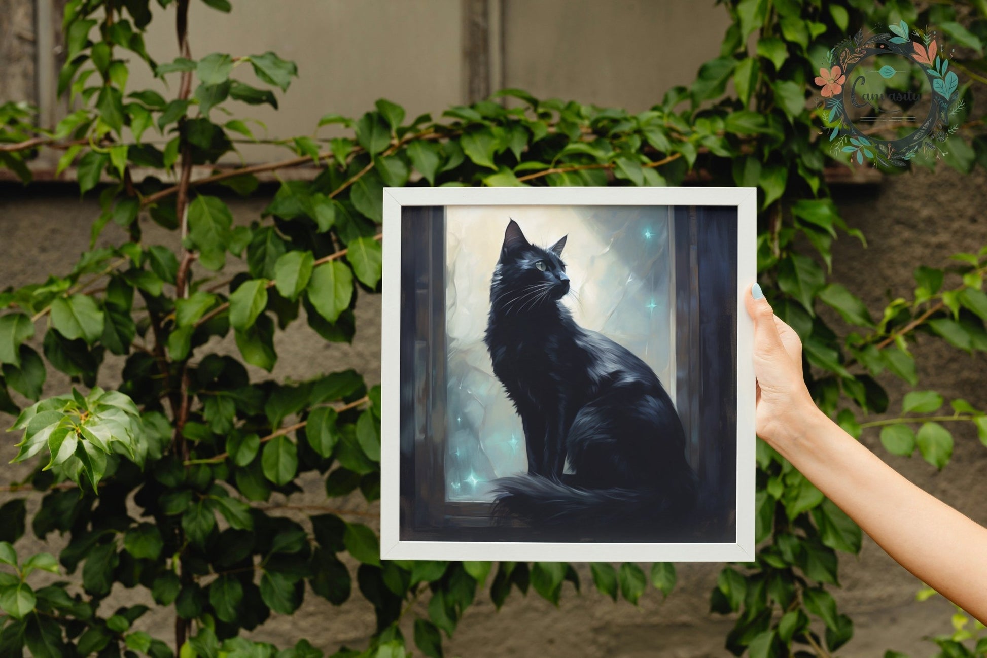 Black Cat in the window at night - Unframed Print - Matte Paper - Colourful wall art by Canvasity Crafts