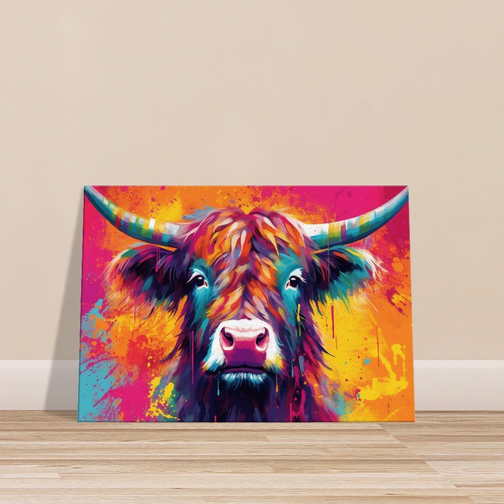 Bright Highland Cow in Orange and Pink - Stretched Canvas - Canvas - Colourful wall art by Canvasity Crafts