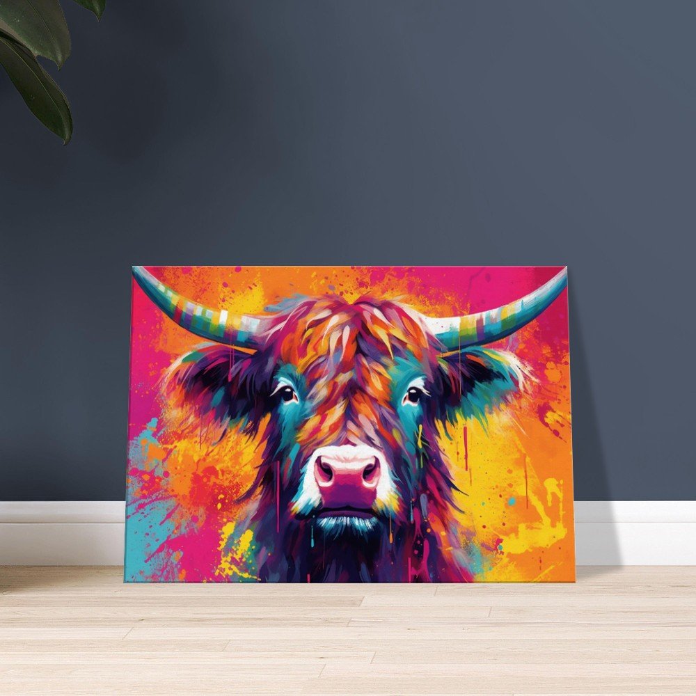 Bright Highland Cow in Orange and Pink - Stretched Canvas - Canvas - Colourful wall art by Canvasity Crafts